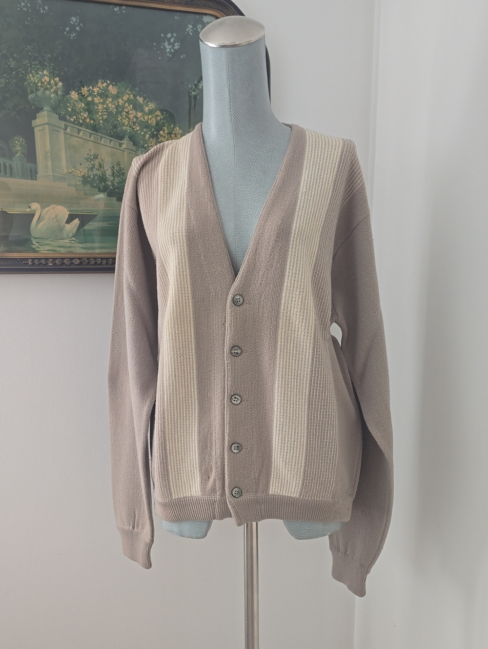 Lord Jeff | Taupe and Cream Button-Front V-Neck Wool Sweater
